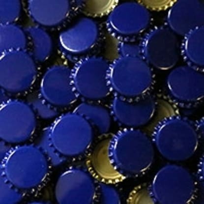 Blue bottle caps in a pile.