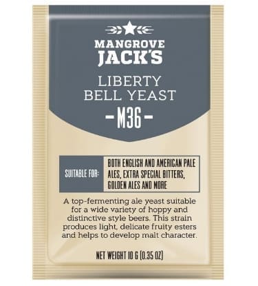 A label for a beer that is labeled " mangrove jack 's liberty bell yeast ".