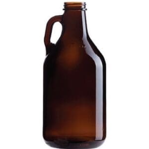 Empty brown glass beer growler bottle.