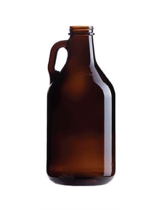 Empty brown glass beer growler bottle.