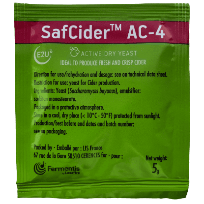 A green bag of safcider ac-4 yeast.