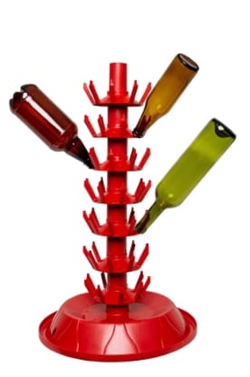 Red bottle drying rack with bottles.