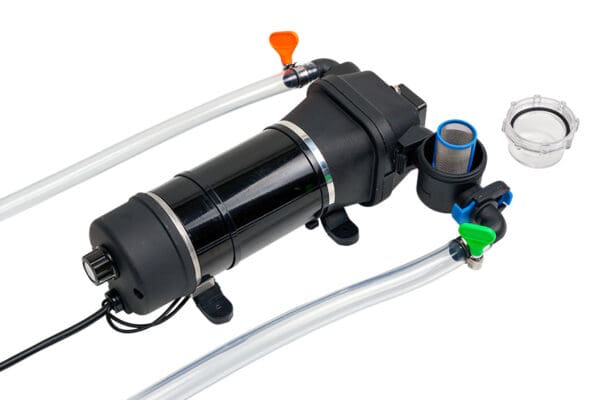 Black electric water pump with hoses.