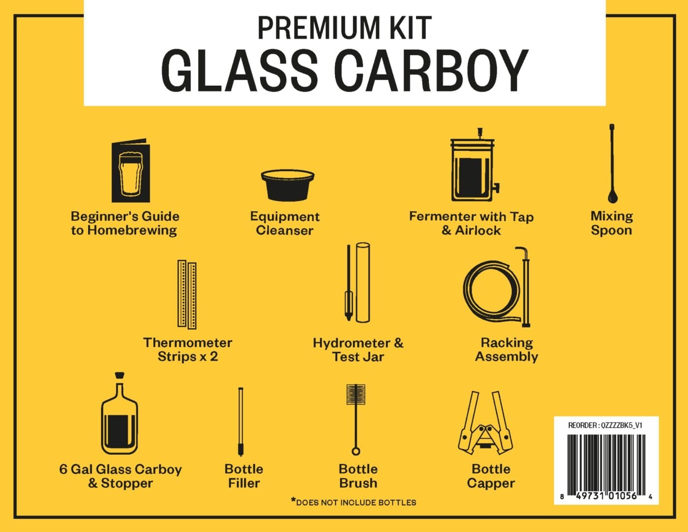 Homebrewing kit with glass carboy and accessories.