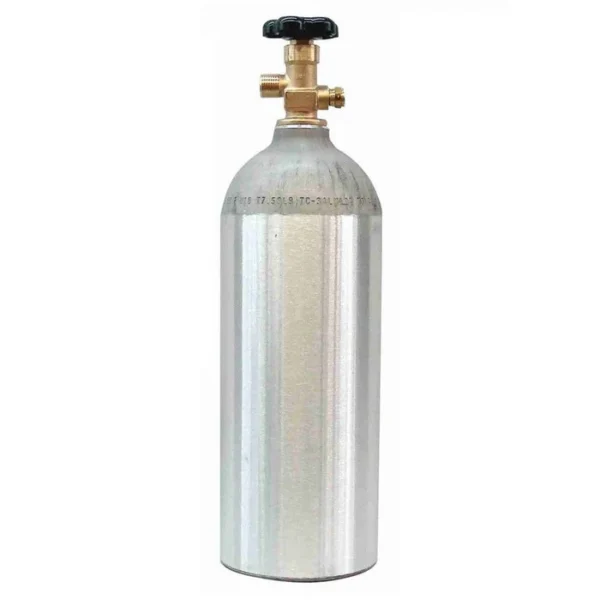 Silver aluminum gas cylinder with valve.