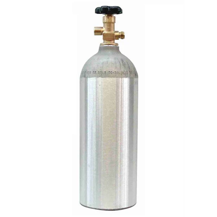 Silver aluminum gas cylinder with valve.