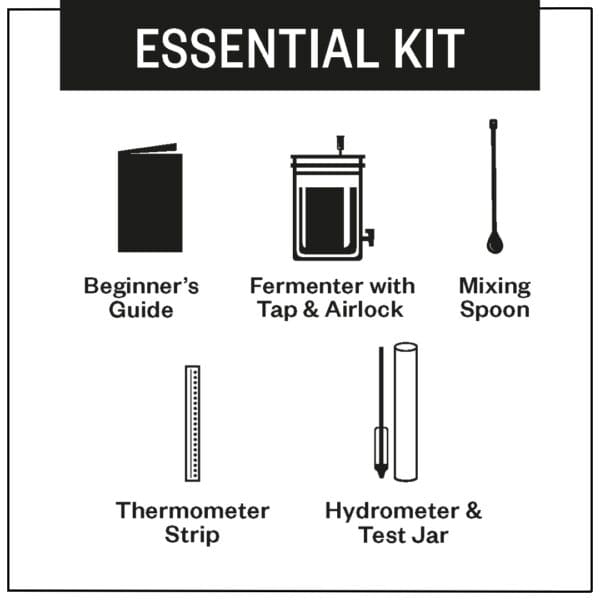 Essential brewing kit with guide and tools.