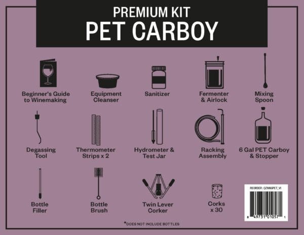 Winemaking kit with 6 gallon PET carboy.