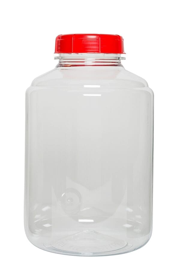 Clear plastic jar with red lid.