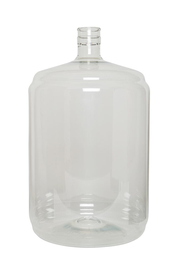 Clear plastic water jug with lid.