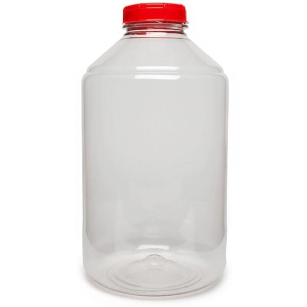 Clear plastic bottle with a red lid.